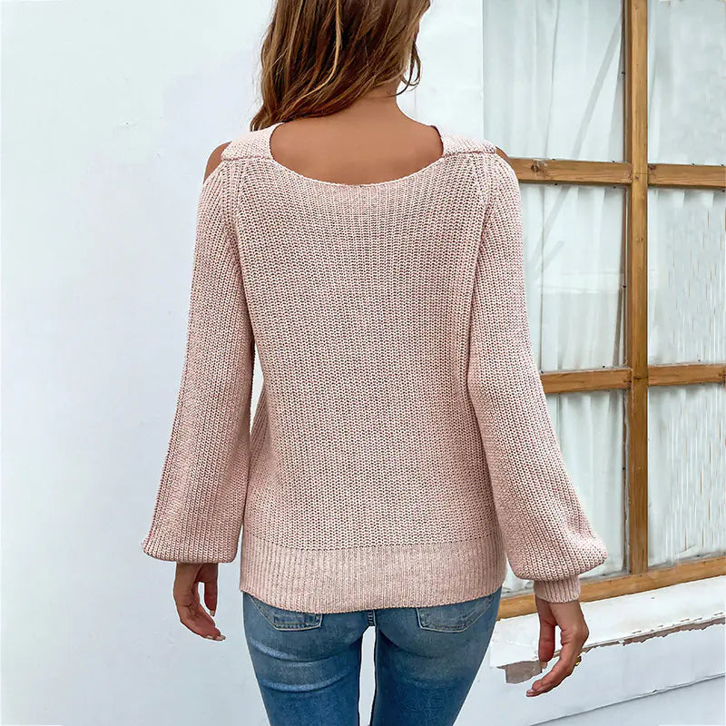 Women's Knitted Sweater with Lantern Sleeves for Fall