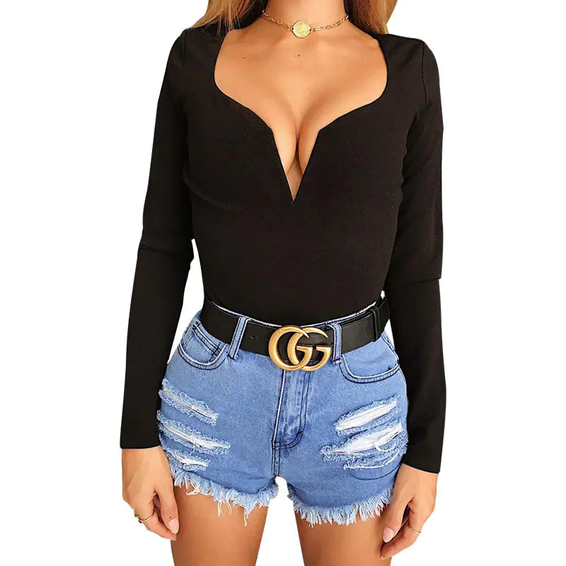 Versatile Long Sleeve Slim Fit Deep V Top & Bodysuit